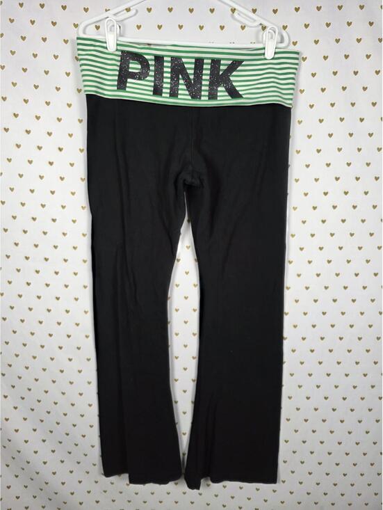 PINK Victoria's Secret Pants - Victorias Secret PINK Green Stripe Glitter Bling FOLDOVER YOGA PANTS Flared XL